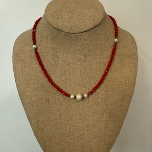 Pearl & Red Faceted Beaded Necklace Choker